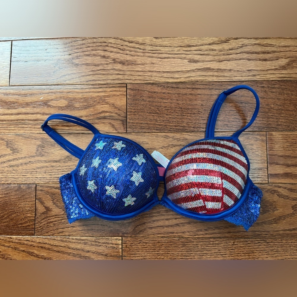 PINK Victoria's Secret Sequin American Flag Push-Up Bra - Blue, Red, White